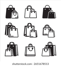 A set of nine distinct graphic representations of shopping bags, presented in a grid.