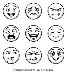 A set of nine distinct hand-drawn emoticons, each depicting a different facial expression and emotion.