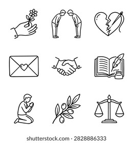A set of nine distinct hand-drawn line art icons illustrating concepts like love, respect, and justice.