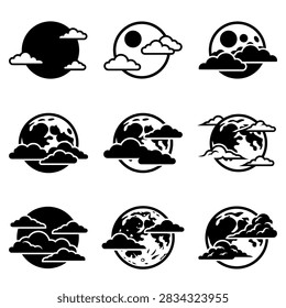 A set of nine distinct icons depicting the moon partially or fully obscured by clouds, presented in simple graphic styles.
