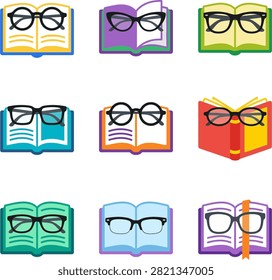A set of nine distinct icons, each featuring an open book with a pair of glasses resting on its pages. The books and glasses vary in color and style.