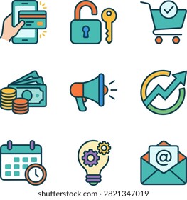 A set of nine distinct icons illustrating key business and technology concepts including online payment, security, shopping, finance, marketing, growth, scheduling, innovation, and communication.