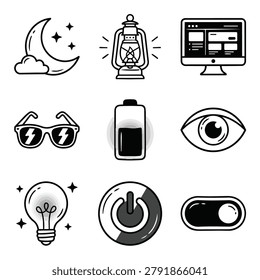 A set of nine distinct icons including a moon, lantern, computer, sunglasses, battery, eye, lightbulb, power button, and toggle switch.