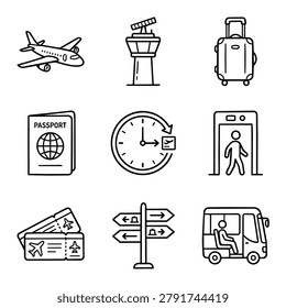 A set of nine distinct icons representing various aspects of air travel and transportation