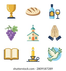 A set of nine distinct icons representing religious elements including a chalice, bread, wine bottle and glass, grapes, church, praying hands, open bible, candle, and dove.
