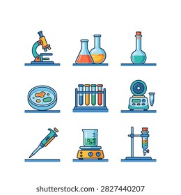 A set of nine distinct icons representing essential laboratory tools used in scientific research and analysis, including microscopes, beakers, test tubes, and centrifuges.