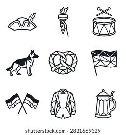 A set of nine distinct icons representing German culture and heritage, including a hat, torch, drum, dog, pretzel, flag, jacket, and beer mug.
