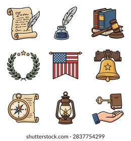 A set of nine distinct icons representing American history and law including a scroll, quill, inkwell, books, gavel, wreath, flag, bell, compass, lantern, and key.