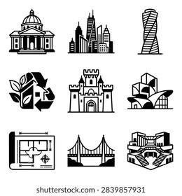 A set of nine distinct icons representing various architectural styles and structures including buildings, bridges, and blueprints.