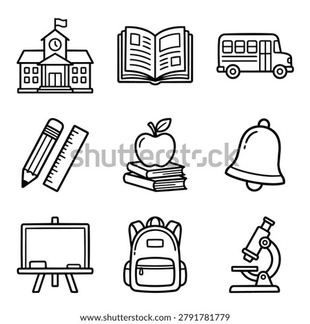 A set of nine distinct icons representing school and education elements in a clean line drawing style.
