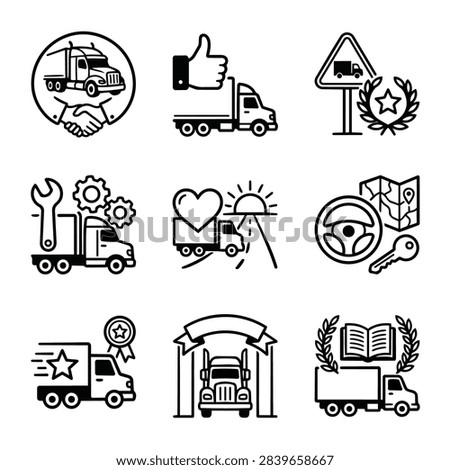 A set of nine distinct icons representing different aspects of the trucking and logistics industry, including service, approval, and delivery.