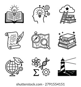A set of nine distinct icons symbolizing education, discovery, and intellectual pursuits.