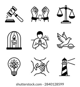 A set of nine distinct icons symbolizing legal judgment broken chains scales of justice a candle in a cage a person praying a dove a lightbulb with a plant hands clasped and a lighthouse.