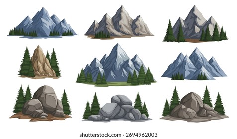 A set of nine distinct illustrations featuring various mountain ranges, rocky formations, and evergreen trees, rendered in a stylized, illustrative manner.