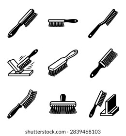 A set of nine distinct illustrations showcasing different types of brushes used for cleaning and scrubbing purposes.
