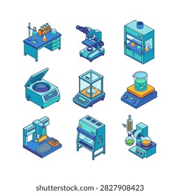 A set of nine distinct isometric illustrations depicting various laboratory instruments and scientific apparatus.
