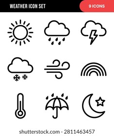 A set of nine distinct line art icons designed to represent various weather conditions and meteorological phenomena in a clear and concise manner.