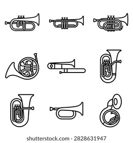 A set of nine distinct line art icons representing various brass musical instruments, including trumpets, trombones, tubas, and French horns.