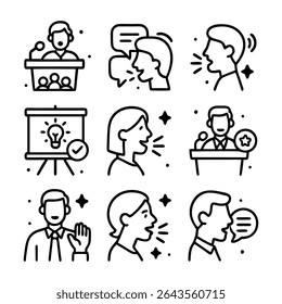A set of nine distinct line icons illustrating diverse communication styles, including presentations, dialogues, and public speaking.