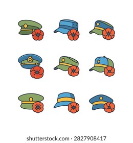 A set of nine distinct military-style caps, each decorated with a red poppy, representing remembrance and honor.