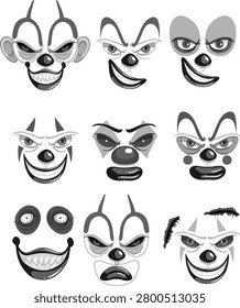A set of nine distinct, monochrome illustrations of creepy clown faces, each with unique makeup and expressions.