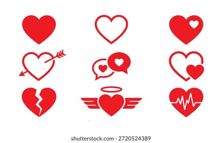 Un conjunto de nueve iconos y símbolos de corazón rojo distintos que se muestran sobre un fondo blanco puro, con varios estilos como relleno sólido, contorno, roto, alado y con una flecha