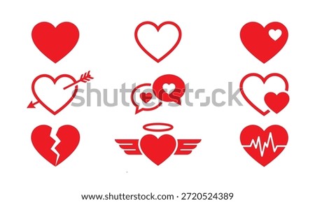 A set of nine distinct red heart icons and symbols displayed against a pure white background, featuring various styles like solid fill, outline, broken, winged, and with an arrow