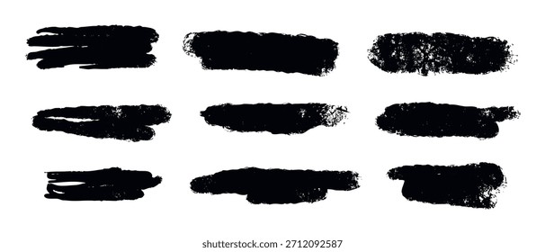 Un conjunto de nueve pinceladas negras diversas con efectos texturizados. Utilícelo para fondos, superposiciones o acentos gráficos para agregar una sensación pintada a mano.