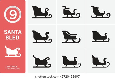 Um conjunto de nove diversas ilustrações de trenó de Santa, perfeito para todas as suas necessidades de design festivo e de férias de inverno