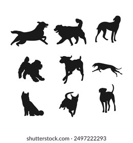 Set of nine dog silhouettes in different poses. Vector illustration.