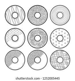 Set of nine donuts with various decorations. Coloring page for children.