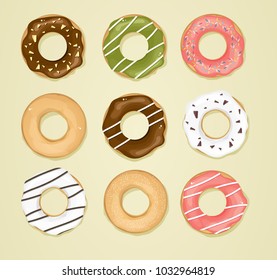 Set of nine donuts with white, pink, chocolate and green tea glaze and sprinkles isolated on a brown background. Vector illustration.
