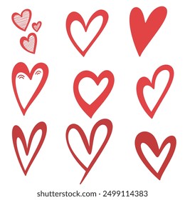 Set of nine doodle hearts love set. outline and solid vector illustration. Valentines Day february, white backround.Vector illustration eps10