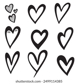 Set of nine doodle hearts love set. outline and solid vector illustration. Valentines Day february, white backround.Vector illustration eps10