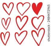 Set of nine doodle sketched handdrawn red hearts isolated on white background.