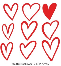 Set of nine doodle sketched handdrawn red hearts isolated on white background.