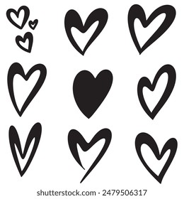 Set of nine doodle sketched hearts isolated on white background