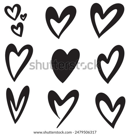 Set of nine doodle sketched hearts isolated on white background