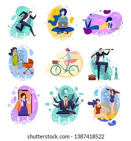 Set of nine drawings of people and activities with businessmen running, multitasking, looking through telescope and women with baby, riding a bicycle, shopping online, on summer vacation and studying