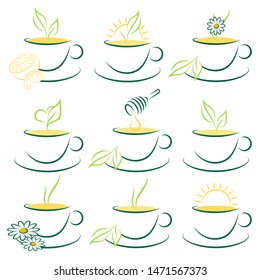 Set Of Nine Drawn Cups Of Tea Green And Yellow