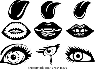 Ein Satz von neun gezeichneten Elementen, Zungen, Lippen und Augen. Hier finden Sie Broschüren, Poster, Design, etc. Vektorgrafik.