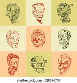 Set of nine drawn image with the zombie head.