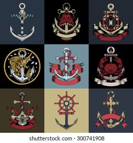 Set of nine drawn labels with anchors.