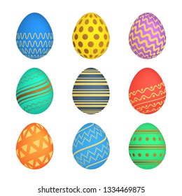 Set of Nine Easter eggs with different colorful texture on a white background. Vector illustration