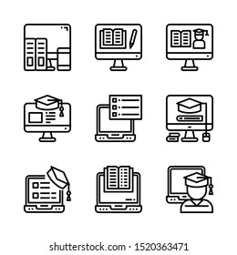 set of nine e-book online learning line style icon for web, mobile, business, and education.