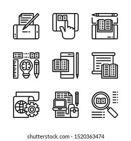set of nine e-book online learning line style icon for web, mobile, business, and education.