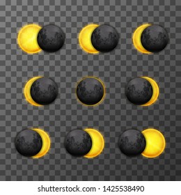 Set of nine eclipse stages with realistic satellite moon and star sun on transparent background