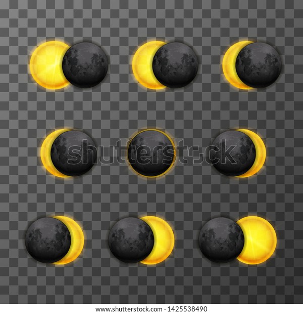 Set of nine eclipse stages with\
realistic satellite moon and star sun on transparent\
background
