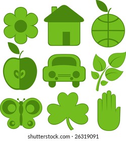 Set of nine ecology icons, flower, house, earth, apple, car, plant, butterfly, clover, hand. Vector