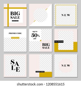 A set of nine editable square templates for social media posts in pastel pink, white, gold and black. Fashion and lifestyle blog templates, web banners, brochure designs with placeholder for photos.